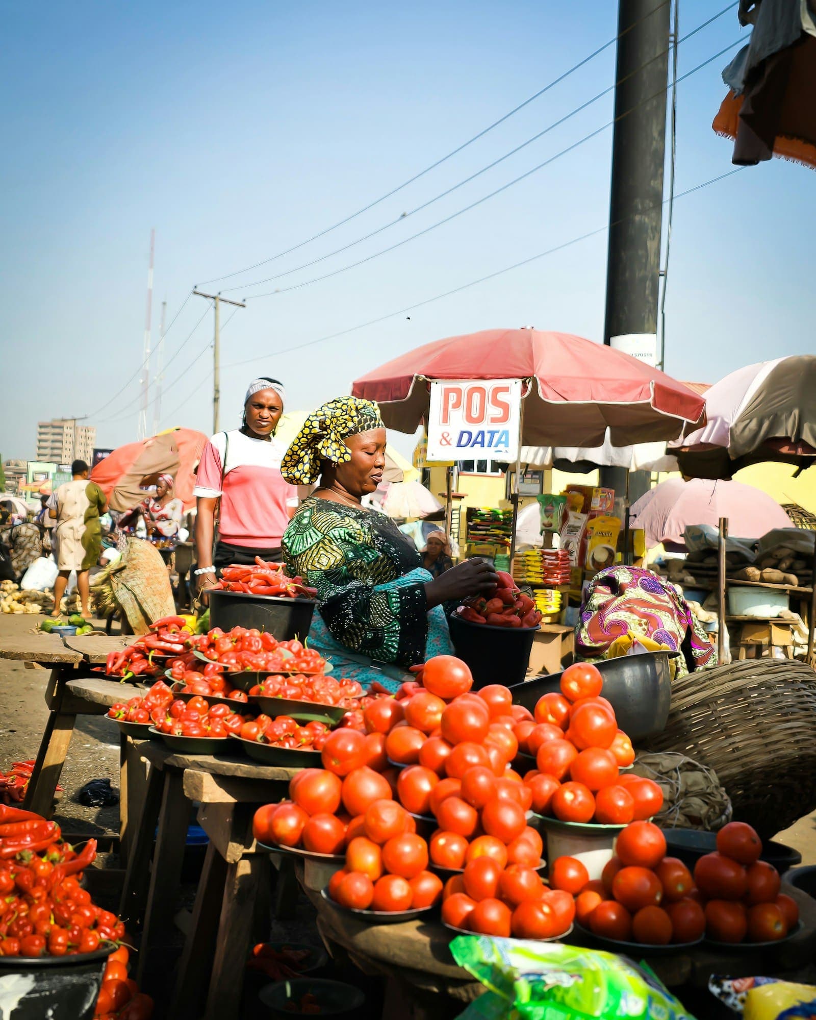 A trader arranging fresh tomatoes at a Ghanaian market