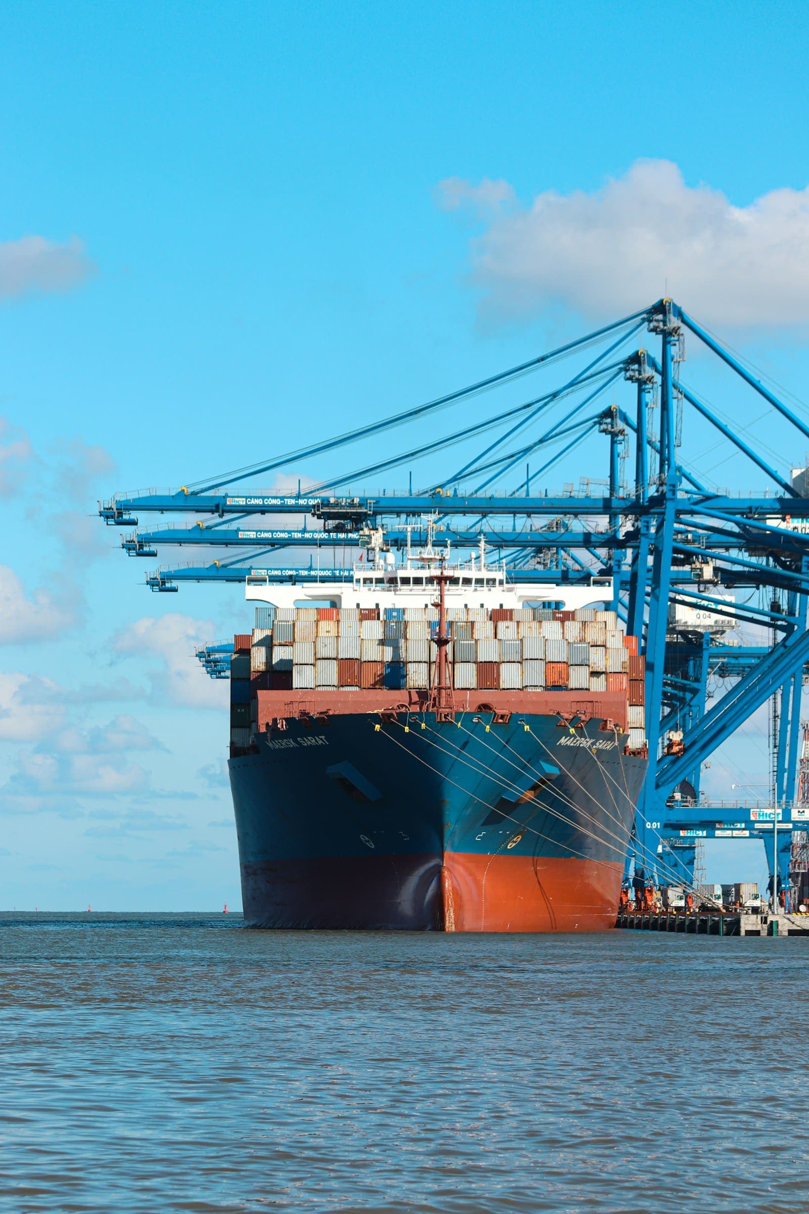 Container ship being loaded at a port